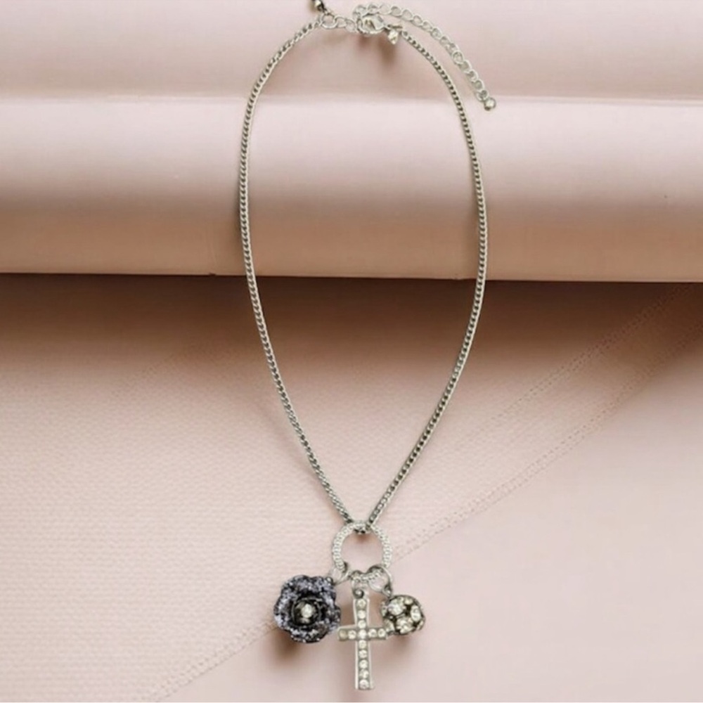 Vintage Cross Necklace Enamel Flower Beaded Ball Crystal Charms Silver Chain - Picture 10 of 12